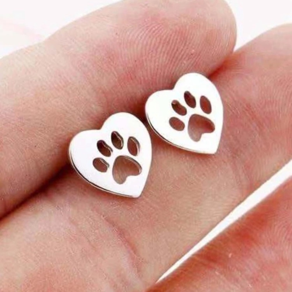 Stainless Steel Heart Shaped Paw Print Earrings